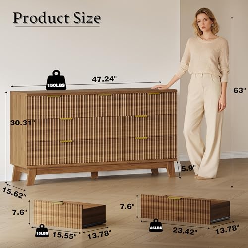 Image of BORNOON Fluted 7 Drawer Dresser, 47.2 inch Wide Modern Boho Chest of Drawers, Wooden Storage Dresser TV Stand for Bedroom, Living Room, Closet, Hallway, Curved Profile Design