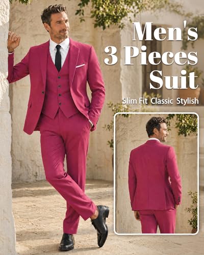 Image of MY'S Men's 3 Piece Suit Set with Tie, One Button Slim Fit Solid Jacket Vest Pants, Prom Party Wedding Business Suits for Men