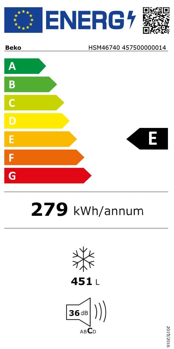 Beko HSM46740 - Congelatore grande, capacità utile 451 l, 3 cestini, allarme temperatura, serratura per interni, 36 dB (A), bianco