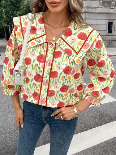 Women's 2025 Fashion Tops 100% Cotton Button Down Shirts V Neck 3/4 Length Sleeve Floral Peter Pan Collar Blouses2