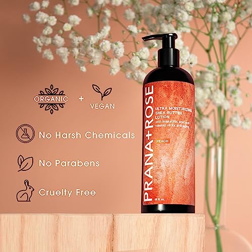 Prana+Rose Ultra Moisturizing Shea Butter Lotion With Hyaluronic Acid And Rosehip Oil For Anti-Aging Organic Vegan Body And Hand Lotion 16Oz (Peach) #TOP3