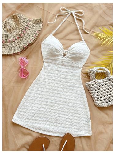 MakeMeChic Women's Textured Halter Dress Metal Starfish Backless Cut Out Summer Mini Dresses3