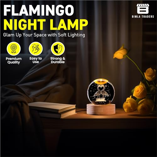 Image of 3D Crystal Flamingo Ball Night Lamp | Glass Ball Night LED Lamp with Wooden Base for Couple, Home, Office, Birthday Gift | Symbol for Love | (Flamingo)