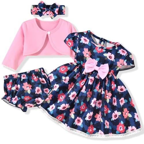 Image of fioukiay Baby Girl Dress and Cardigan Set Infant Girl Bowknot Dresses Outfit Set Clothes with Diaper Cover Fall Winter