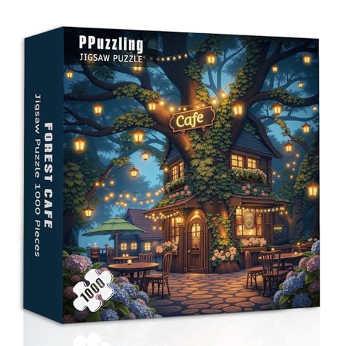 Puzzle Treehouse Cafe para Adultos 1000 Piezas, Rompecabezas de Bosque Fantasía Noche, Escena Mágica de Cafetería en Árbol miniatura 1