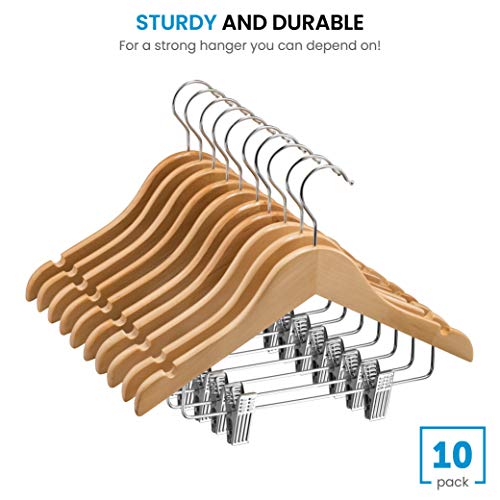 High-Grade Wooden Childrens/Kids Hangers With Clips (10 Pack) Smooth & Durable Wood Baby Hangers/Nursery Hangers - 12.5 Inch - 360° Hook & Cut Notches- Great Toddler Hanger For Dress Skirts Pants #TOP2