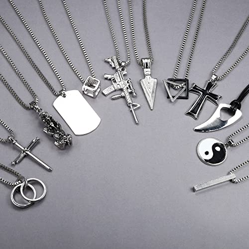 FIASASO 12Pcs Stainless Steel Pendant Necklace for Men Cool Goth Necklace Funky Gothic Cross Dog Tag Yin Yang Triangle Pendant Chain Necklace Set Black & Silver Tone …3