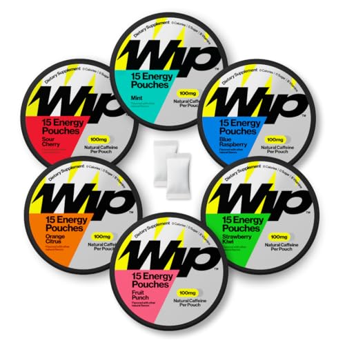 Image of Wip Energy Pouches | 100mg Natural Caffeine | Vitamins and Minerals | 6 Pack Assorted: Sour Cherry, Mint, Orange Citrus, Strawberry Kiwi, Fruit Punch, Blue Raspberry