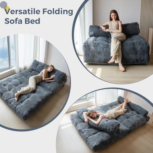 Image of MAXYOYO Folding Sofa Bed, Convertible Chair Bed with Pillow | Foldable Couch with Back Support, Portable Fold Out Chair Comfy Floor Sofa for Living Room Bedroom, Dark Grey, Double