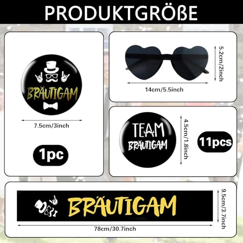 JGA Deko Männer Bräutigam Schärpe Button Set mit Bräutigam Buttons Anstecker, für Junggesellenabschied Engagement Feiern Bedarf Schwarz Gold (Style C)