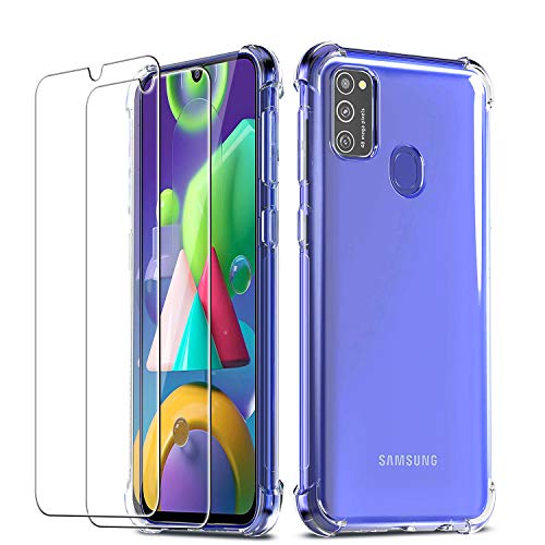 QHOHQ Funda para Samsung Galaxy M21 con 2 Unidades Protector de Pantalla, Carcasa Anti-Choques y Anti- Arañazos - Cristal Templado Membrana - [9H Dureza] - [Anti-Arañazos]