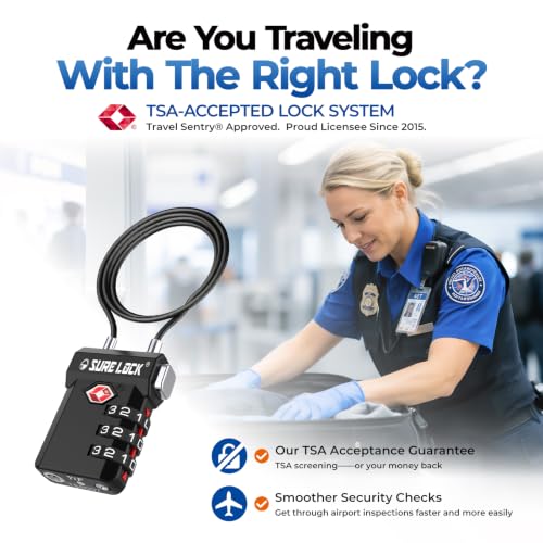 Image of SURE LOCK TSA Approved Luggage Locks with Open Alert Indicator, 3 Digit Combination Cable Travel Lock for Suitcase, Backpack, Gym Locker, Toolbox, Carry On & Travel Bag, EXTRA LONG CABLE, EXTRA LONG