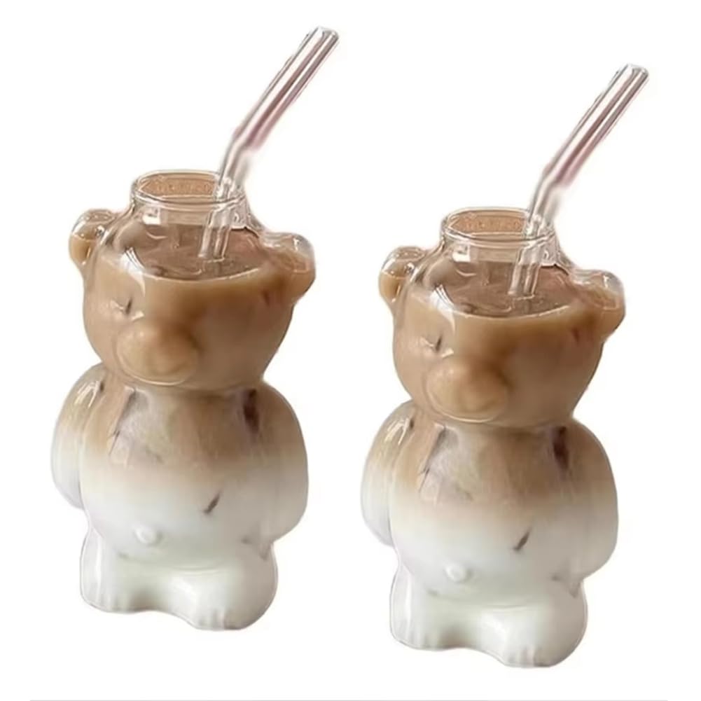 CTRLZS Innovative 320ML Cartoon Bear Shaped Coffee Mug with Straw Transparent Glass Cup for Milk, Coffee, Water