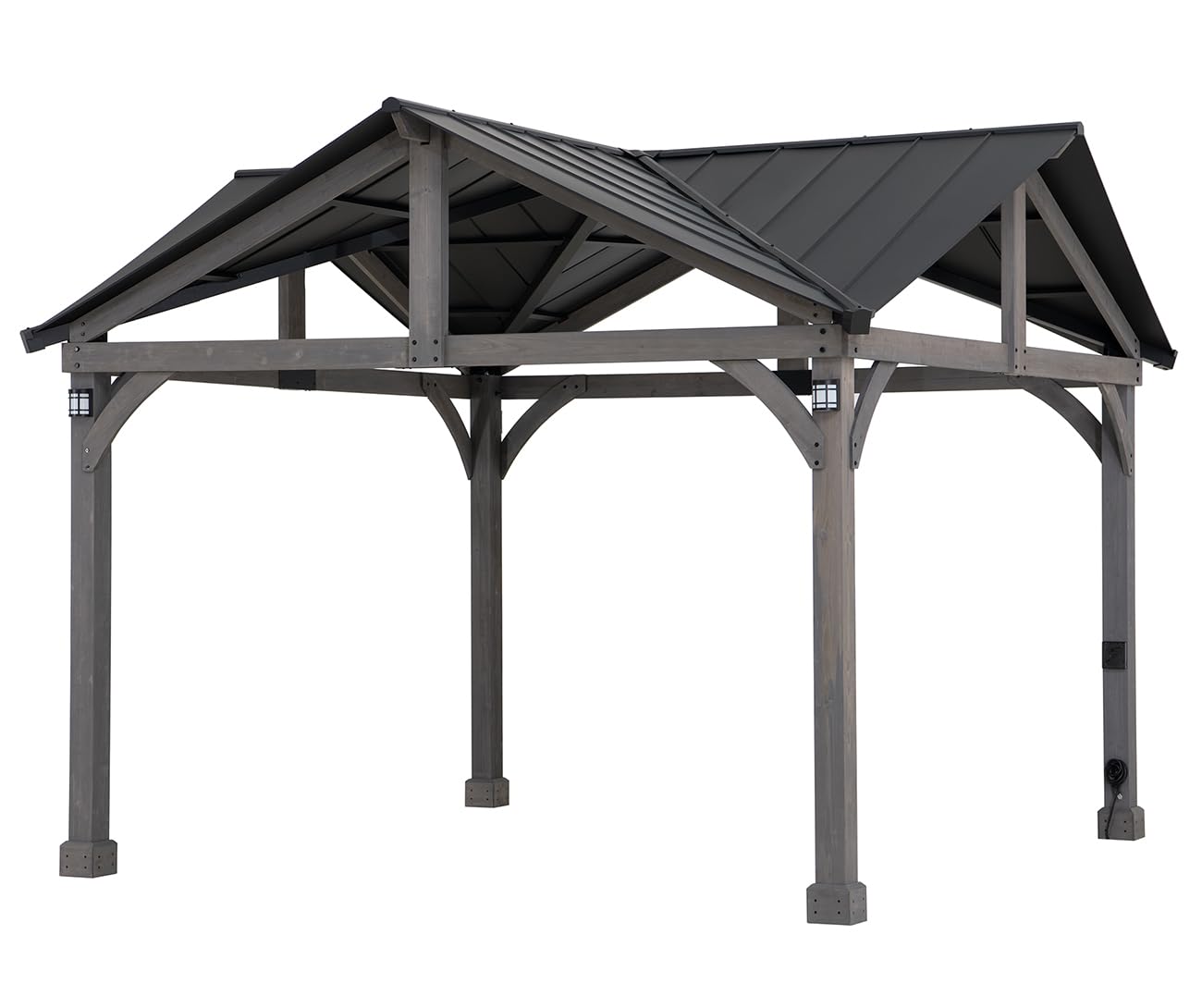 Sunjoy13.5 x 13.5 ft. Hardtop Gazebo Outdoor Patio Black Steel Gazebo with LED Lights, AC Outlet, USB Port and A 3-Meters Universal Power Supply Cable, Black