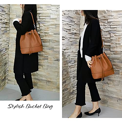 Image of AFKOMST Leather Bucket Bags and Drawstring Crossbody Purse for Women Medium Tote and Hobo Handbags with 2 Shouder Straps