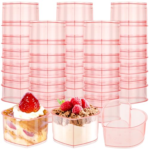 Domensi 100 Pcs Valentine's Day Heart Shaped Plastic Dessert Cups 5 oz Pink Mini Plastic Parfait Appetizer Cups Reusable Ice Cream Dessert Bowls for Wedding Bridal Shower Party Sundae Tasting Serving