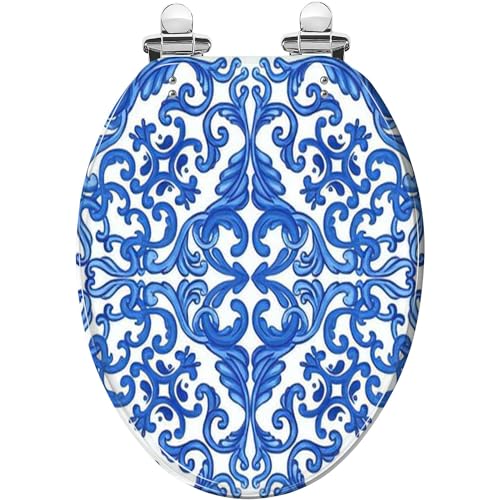 Elongated Toilet Seat Majolica pattern Sicilian hand drawn blue ornament Traditional blue Resin Toilet Seat Slow Quiet Close with Quick-Release Hinges Toilet Seat with Cover Easy to Clean Install