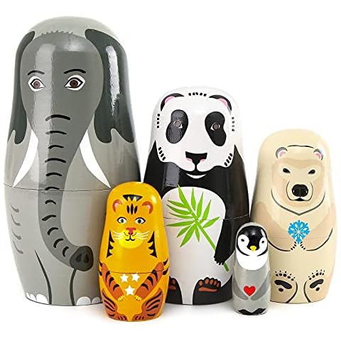Moonmo 5pcs Handmade Wooden Animal Nesting Dolls - Elephant & Panda, Traditional Russian Matryoshka Gift Cover