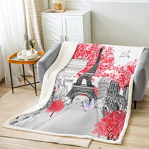 Eiffel Tower Blanket Red Cherry Blossom Fleece Blanket Girls Women Romantic City Building Of Paris Throw Blanket Butterfly Flowers Leaning Tower Of Pisa Fuzzy Blanket Paris Themed Sofa Decor 40"X50" #TOP1