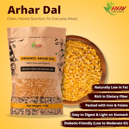 Image of Rav Organics 100% Organic Arhar Dal 1Kg | Unpolished Toor /Tur Dal | Protein-Rich Pulses for Healthy Cooking | Natural Indian Lentils | Non-GMO and NPO Certified | Chemical & Preservative Free