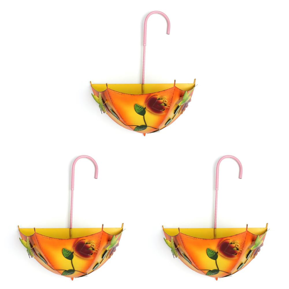 HTU Metal Umbrella Hanging Planter, Metal Plant Umbrellas Pots with Drainage Holes, No-Drill Farmhouse Umbrella Shaped Wall Hanging Planter for Flowers Indoors Outdoors Home Windows Use-Orange-3pcs