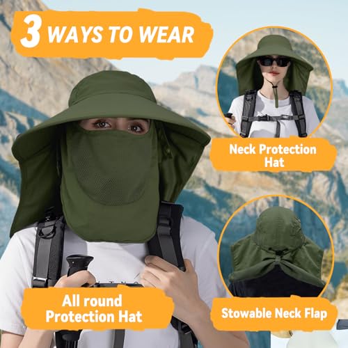 Image of Sun Hats for Men Women Detachable Face Cover Wide Brim Fishing Hats with Neck Flap UPF 50+ Outdoor Safari Hats