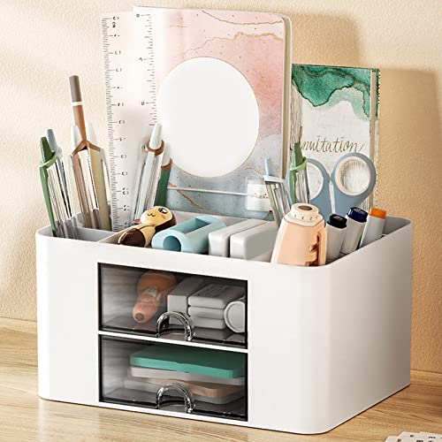 Schreibtisch Organizer Büro Organizer mit Schublade & Stifthalter Multifunktionaler Organizer Schreibtisch für Stifte Hefter Ordnerklammern Haftnotizen Tisch Organizer für Büro Zuhause Schule (Weiß)