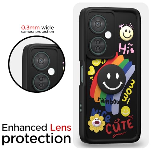 Image of Pikkme Back Cover for OnePlus Nord CE 3 Lite 5G / N30 5G | Soft Silicone| Cute Rainbow Smile & 3D Cartoon Flower Design | Shockproof Raised Camera Protection Bumper Case (Black)