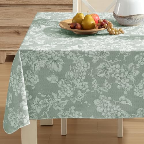 Lintex Home Bargains Plus 60 x 104 Inch Rectangle Vinyl Tablecloth with Flannel Backing, Traditional Grapevine Print, Waterproof Indoor Outdoor Dining Room, Party and Banquet Table Cover, Sage Green