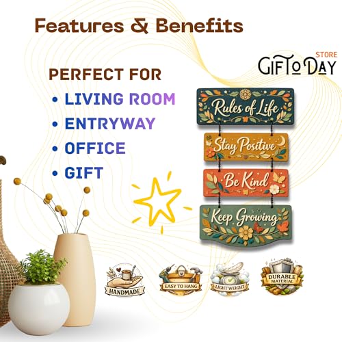 Image of Giftoday Wooden Hanging Wall Decor Sign for Home | Motivational, Spiritual, Garden & Quote Wall Hanging Plaque for Living Room, Bedroom, Entryway & Office Decor (Rules of Life Motivational)