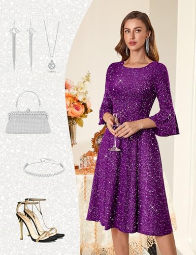 Image of HomRain Women's Church Dresses Modest Bell Sleeve Wedding Guest Cocktail Tea Party Vintage Evening Dress