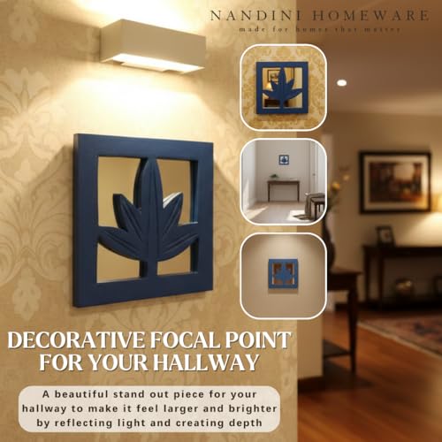Image of Nandni Homeware Handcrafted Traditional Blue Leaf MDF Wooden Jharokha Wall Art with Mirror Work | Boho Vintage Style Decorative Wall Hanging for Living Room, Bedroom & Home Interiors (Blue Leaf)