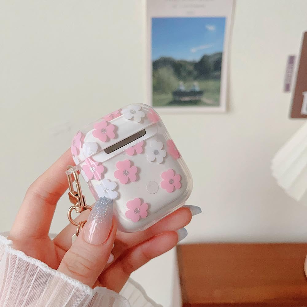 MINSCOSE Transparante Hoes Voor AirPods Pro – Bloemenpatroon, Met Sleutelhanger, TPU, Schokbestendig, Roze – Leuk Cadeau Voor Meisjes En Vrouwen