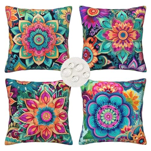 Outdoor Cushions 45cm x 45cm Set of 4 Waterproof Boho Cushion Covers Square Decorative Pillows Flowers Throw Pillow Case with Invisible Zipper for Outdoor Garden Patio Couch Bench 18x18 Inches -LI26