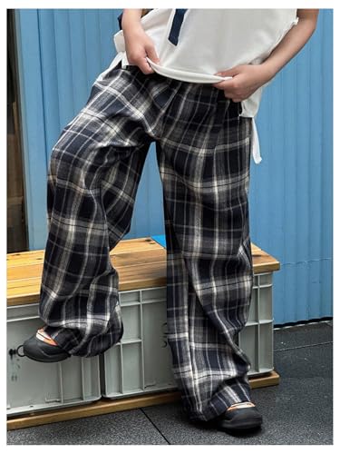 OYOANGLE Boy's Elastic Waist Plaid Pants Elastic Waist Casual Straight Leg Trousers4