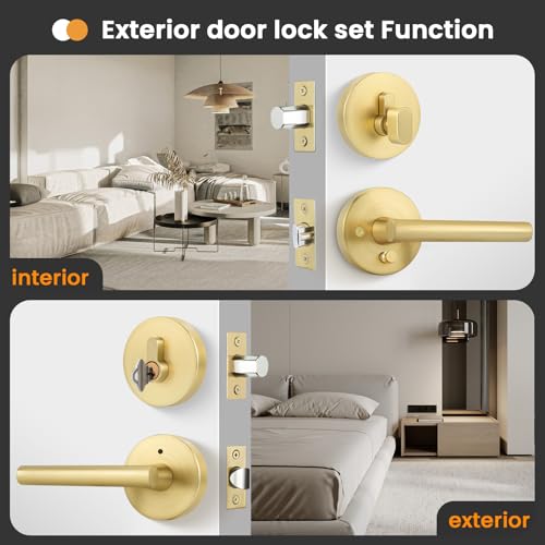 Image of Goldenwarm 1 Pack Exterior Gold Door Handle with Deadbolt, Single Cylinder Deadbolt and Entry Door Handle Set,Brushed Gold Front Door Lock Set