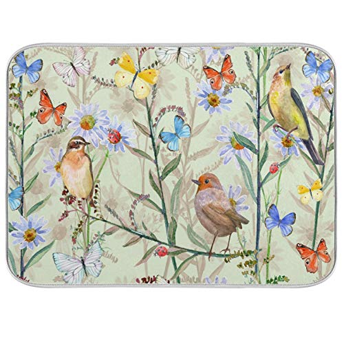 Tapis d'égouttoir à vaisselle en microfibre - Motif oiseaux romantiques - 40,6 x 45,7 cm - Résistant à la chaleur - Motif fleurs et papillons volants