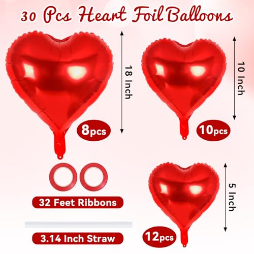 Image of 30 Pcs Red Heart Balloons, 3 Sizes Heart Foil Mylar Balloon, Valentine Day Party Decorations, Love Balloon Valentine Balloons for Birthday Party Wedding Baby Shower Valentine Day Decorations