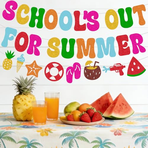 Image of Pre-Strung School's Out for Summer Banner for Boys Girls Celebrate Last Day of School End of Term Holiday Party Decorations Supplies