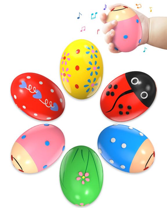Tonberless 6 Pack Wooden Percussion Musical Shaker Easter Basket Stuffers for Toddler, Prefilled Easter Eggs Fillers Basket Essentials for Gifts Toys for Toddlers Kids Babies Boys Girls