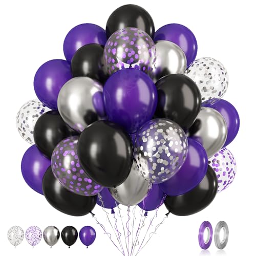 Image of Purple Black Balloons Set, 60 PCS Purple Silver Birthday Balloon, Metallic Black Silver Purple Confetti Balloons Latex Balloon for Birthday Wedding Graduations Party Decorations