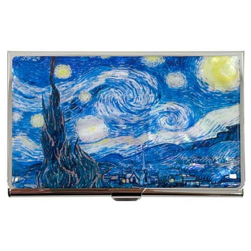 Image of Mother of Pearl Business Card Case Credit Id Name Holder Travel Wallet Art Painting Design Metal Stainless Steel Engraved Slim Purse Pocket Cash Money Wallet (Starry Night)