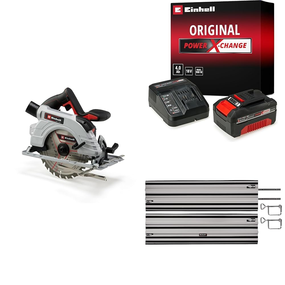 Einhell TE-CS 18/190 Li BL - Solo, Kömürsüz Akülü Daire Testere + 18V 4,0 Ah PXC Starter Kit, Akü ve Şarj Cihazı + Alüminyum Daire Testere Rayı 2x1000 mm