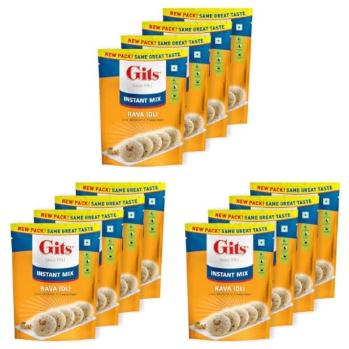 Image of Gits Instant Rava Idli Breakfast Mix, Makes 12 per Pack, Pure Veg, South Indian Breakfast Recipe,800g (Pack of 12, 200g Each)