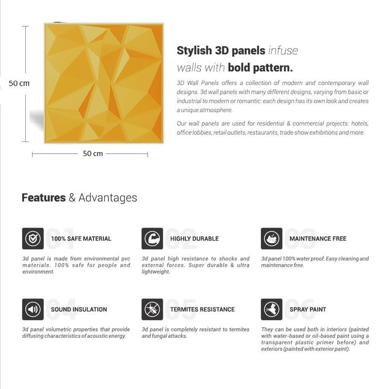 Image of 3D Wall Panels Yellow Gold Colour I Diamond Stone Design I Embossed and Paintable I Panel Size 20 inch X 20 inch I Pack of 5 Panels I Wall Covering Area 13.77 Sq.Ft. (PVC)