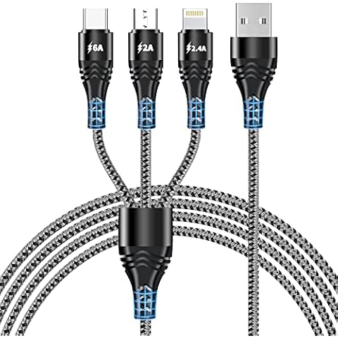 Multi-Ladekabel, Nylon geflochtenes 3-in-1-USB-Kabel, Multiport-USB-Kabel mit Typ-C-Micro-USB-Lightning-Anschluss zum Aufladen thumbnail