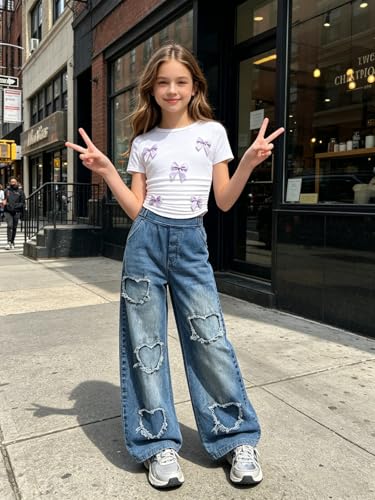 Image of Size 7-14 Years Girls 2 Piece Outfits Bow Short-Sleeved Top and Jeans Pants Clothing Set