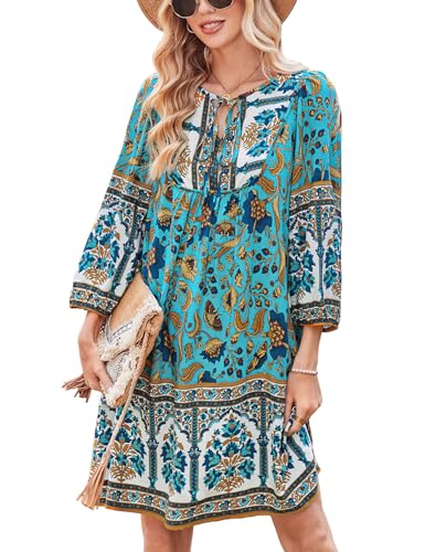 Image of Bluetime Women Casual Summer Dress Boho V Neck 3 /4 Sleeve Babydoll Floral Print Flowy Beach Dress
