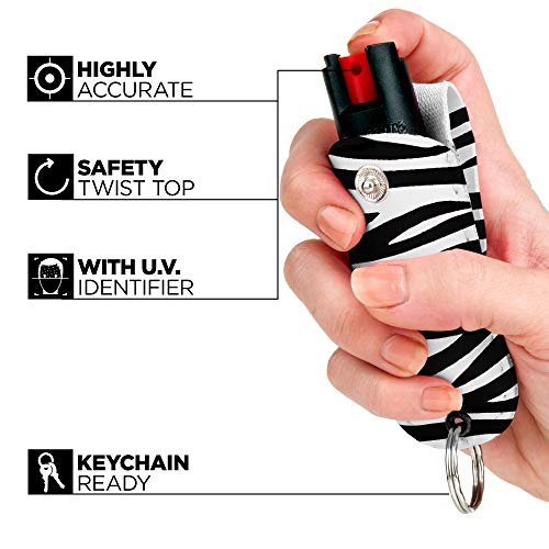 Guard Dog Security Pepper Spray Keychain, Red Hot Self Defense Spray with UV Dye - Choose a Leather Holster Color, Zebra - Black/White