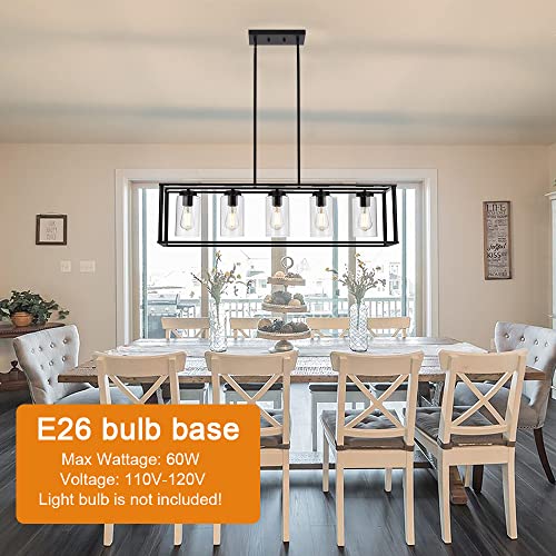 Image of Farmhouse Chandeliers Rectangle Black 5 Light Dining Room Lighting Fixtures Hanging, Kitchen Island Cage Pendant Lights Contemporary Modern Ceiling Light with Glass Shade Adjustable Rods
